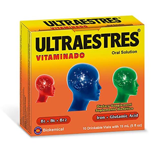 Biokemical Ultraestres Vitaminado – Anti-Stress Dietary Supplement Vials with Vitamins B6, B1 and B12 – Iron and Glutamic Acid Supplements – Premium Cognitive Support – Tablet, 10 Vials Pack
