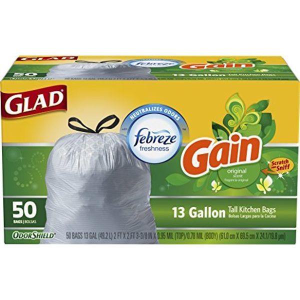 Glad OdorShield Gain Original Tall Kitchen Drawstring Trash Bags 13 gal 50 ct