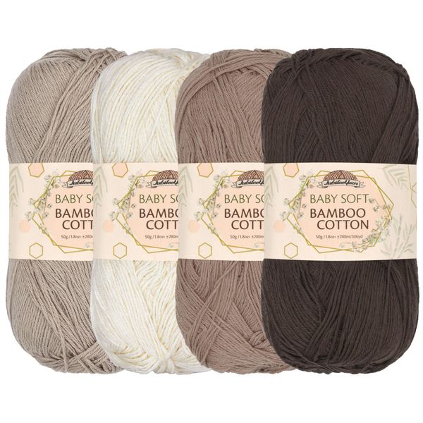 JubileeYarn Baby Soft Bamboo Cotton Yarn - 50g/Skein - Shades of Brown - 4 Skeins