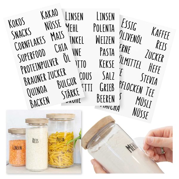 Mokali® Küchenetiketten-Set für Vorratsgläser, hochwertige Klebeschrift schwarz (47 Labels) zum Beschriften von Vorratsgläsern und Behältern in der Küche, spülmaschinengeeignet (Schriftart 1)