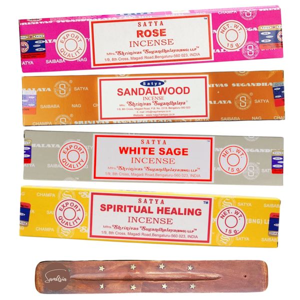 Satya Nag Champa Incense Sticks - 4 unique and premium flavours - Rose, Sandalwood, White Sage, Spiritual Healing and comes with SAMASIA incense holder