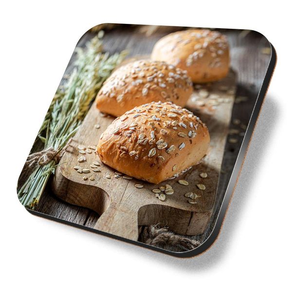 1 x Square Coaster - Fresh Bread Rolls Rustic Bakery Cork Backed MDF Glossy Tea Coffee Accessory #63111