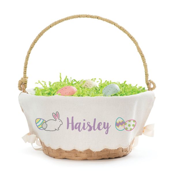 Eggs and Bunny Personalized Easter Egg Basket with Handle and Custom Name | Scallop Edge Linen Easter Basket Liners | Tan Basket | Woven Easter Baskets for Kids | Customized Easter Basket