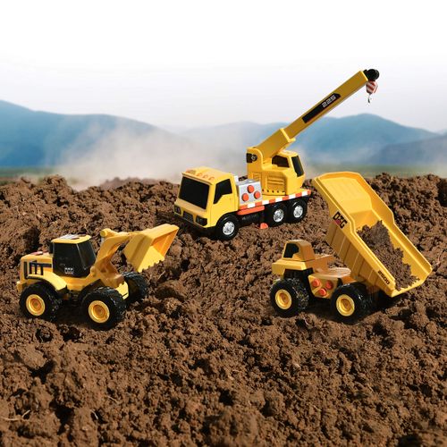 Sunny Days Entertainment Mini Construction Vehicles 3 Pack – Lights and Sounds Pull Back Toy Vehicle | Includes Dump Truck Front End Loader and Crane Truck – Maxx Action