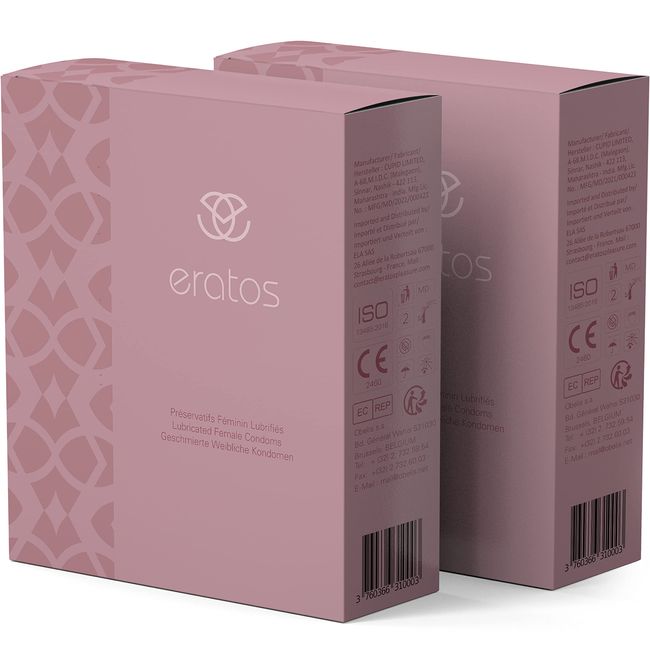 ERATOS - Female Condoms - with Patented Insertion Donut - Odourless Natural Latex - Water Based Lubricant - EC Standard - Set of 2 Condoms