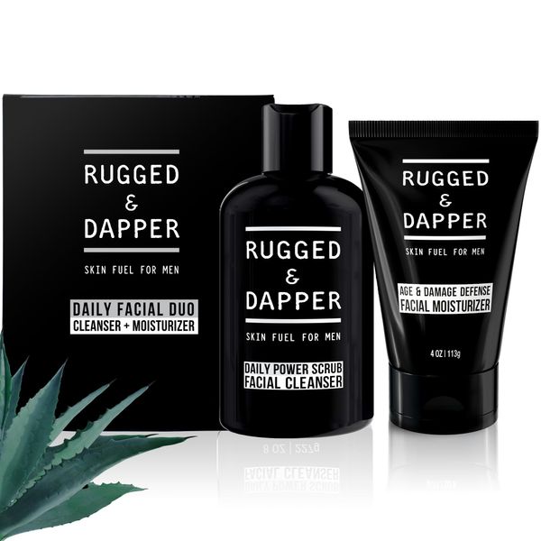 RUGGED & DAPPER - Daily Facial Duo - Skin Care Set - Age + Damage Defense Facial Moisturizer - Daily Power Scrub Cleanser - Natural & Organic Ingredients - For Dry Oily & Combo Skin