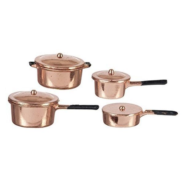 Melody Jane Dolls House Copper Saucepan Pan Set Miniature Kitchen Accessory