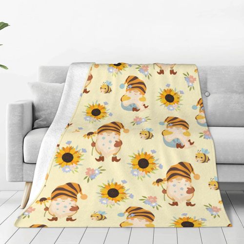 Oplp Sunflowers Honey Bees and Gnomes Throw Blanket for Bed Sofa Couch Fleece Blankets Lightweight Soft Cozy 50"x40"