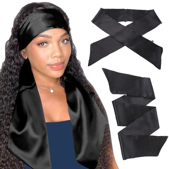 Xtrend Satin Edge Scarves for Wigs Grip Band Headband Soft Satin Edge Laying Scarf for Lace Front Wigs Keep Wig Secured Satin Headband for Yoga, Makeup, Facial, Sport (1 pcs, Black#)
