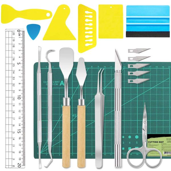 ImnBest 19 Pieces Vinyl Weeding Tools Stainless Steel Plotter Accessories HTV + 1 Piece A5 Cutting mat, DIY Craft Tool Set, Cameos, Lettering, Including Weeding Hooks, Tweezers