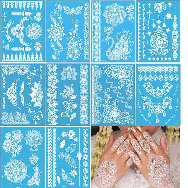 Temporary Tattoos 10 Sheet For Women Girls Mandala Flower Tattoo Stickers Indian White Lace Tattoo,Waterproof Removable Fake Tattoo Festival For Body Art (white-10pcs)