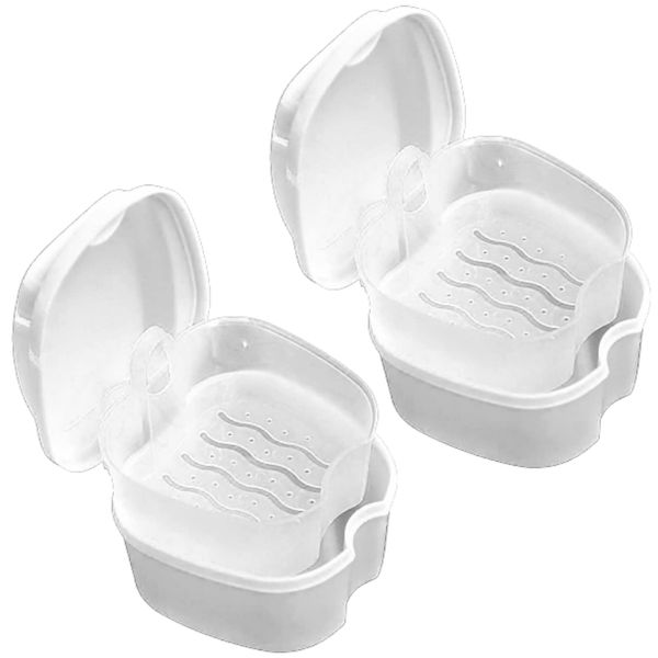 Heizi Denture Case, Stylish, Denture Cleaning, Storage, Set of 2, Mouthpiece, Portable, Dry, Clean, Breathable, Double Wall Construction, White