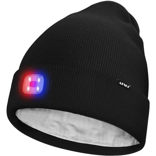 ATNKE Unisex LED Lighted Beanie Hat,USB Rechargeable 4 LED Red and Blue Glow Flashing Running Headlamp Ultra Bright Cap with Head Torch Winter Warm Lined Fleece Gifts for Men and Women/Black