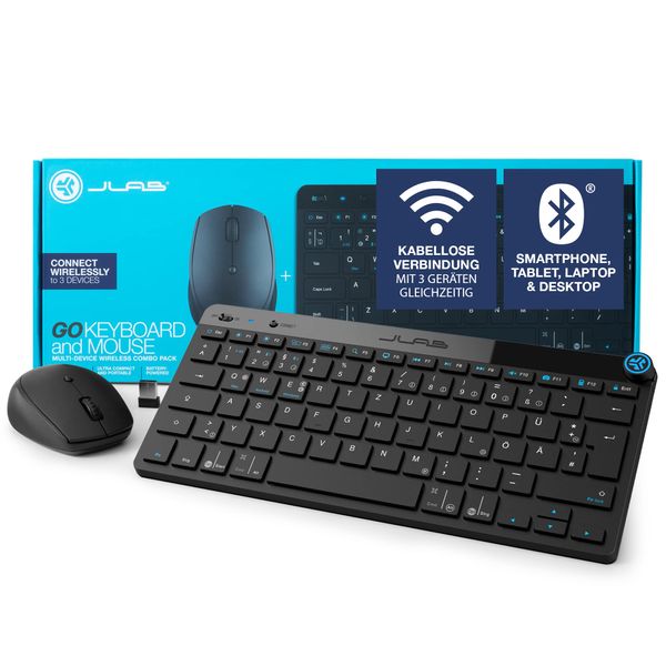 JLab Go Bundle Tastatur Maus Set Kabellos - Bluetooth Maus und Tastatur Klein mit 2,4 GHz Funk, Multi-Device Funktastatur mit Maus, Wireless Keyboard & Mouse für Mac/PC/Tablet/iPad/Laptop/Android