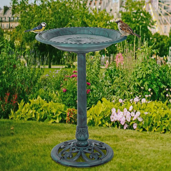 28" Green Pedestal Bird Bath Feeder Outdoor Garden Yard Decor Freestanding