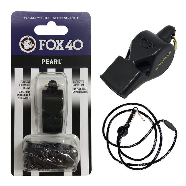 FOX40 Whistle PEARL 90db (Black) Lanyard Included, Pealess Construction (No Cork Balls) STRAZAR (STR-WHSP-B)