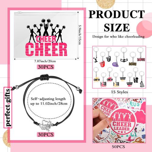 Huquary 91 Pcs Cheerleader Gifts Kit Zipper Portable Cheer Makeup Bag Keychain Black Cheer Bracelets 1 Bag Waterproof Stickers for Women Girls Cheerleader Teammates