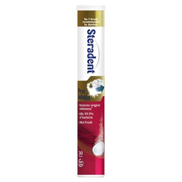 Stera-dent Pro White Mint Fresh Denture Cleanser Tablets, 30 Count, Kills 99.9% Bacteria