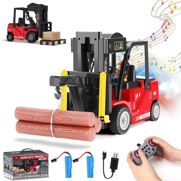 RC Forklift Truck, 2 in 1 Transform Lift Fork & Hook, 11 Channel 2 Mode Remote Control Forklift for Adults, Kids Forklift Toy with Spray Sound Lights, RC Construction Vehicles Toy Gift for Kids 3+