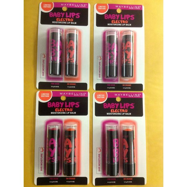 4 X Maybelline Baby Lips Electro Lip Balm  Duo Pack - Pink Shock + Oh Orange.