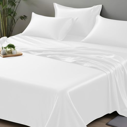 LINENWALAS Flat Sheet Only, Rayon Derived from Bamboo Top Sheet, Hotel Luxury Silk Sheets for King Size Bed, Stain & Fade Resistant Cooling Bed Sheets (King, White)