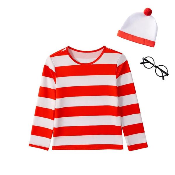 Dressy Daisy Wheres Waldo Red and White Striped Costume Dress Up Outfit Set with Hat and Glasses for Kids Boys Girls Size 8-10