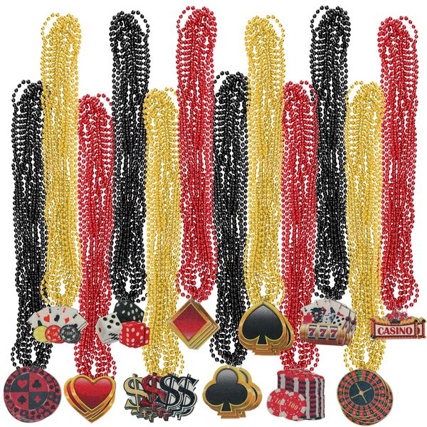 48 Pieces Casino Night Beaded Necklaces Set Dice Poker Dollar Sign Necklaces Casino Theme Party Beaded Necklaces Gold Red Black Beaded Necklace for Casino Party Favors Game Night Decor