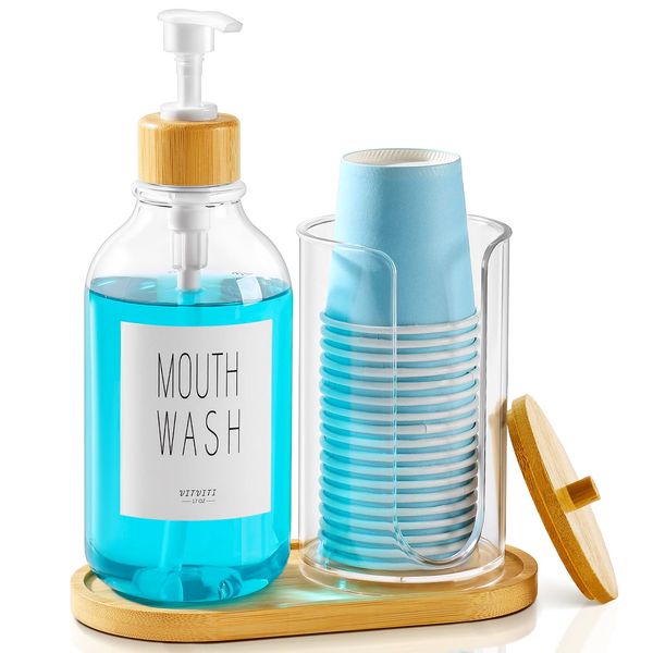 VITVITI Mouthwash Dispenser Set for Bathroom, Mouth Wash Pump Bottle with Paper Cup Holder, 17Oz Refillable Clear Plastic Bamboo Mouthwash Container,Bamboo Lid/Tray/Label Mouthwash Dispenser Bottles