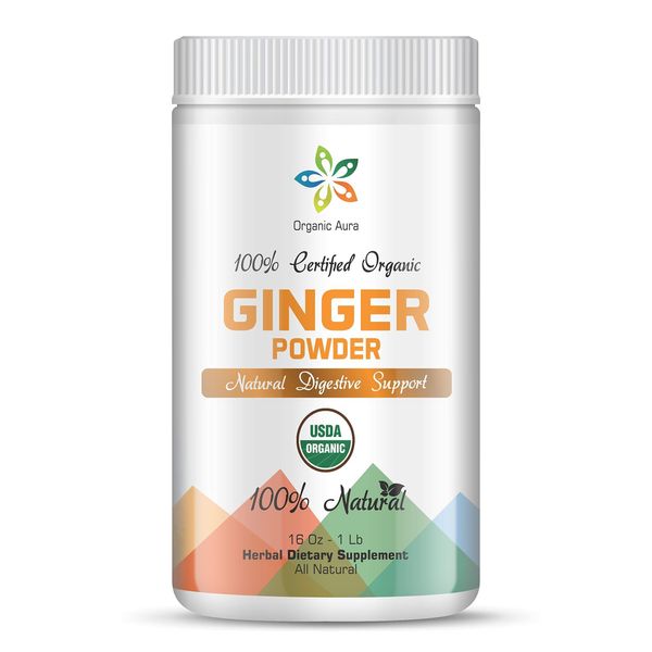 Organic Aura Ginger Powder 16Oz. Non-GMO, Keto, Raw & Pure Ground Ginger Root. Certified Organic | Gluten Free.