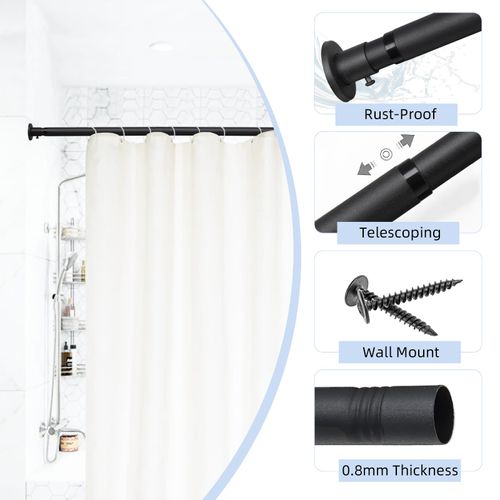 Shower Curtain Rod 30-49 Inch Adjustable Closet Rods for Window Bathroom Closet Kitchen Doorway, Heavy Duty No Rust Wall Screw Mounted Shower Rod, Black Telescoping
