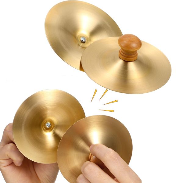 Vaguelly Finger Cymbals with Wooden Handles, 1 Pair Copper Band Cymbals, 9cm/3.5in Mini Marching Cymbals, Hand Cymbal Belly Dance, Orff Music Instrument for Child & Adult