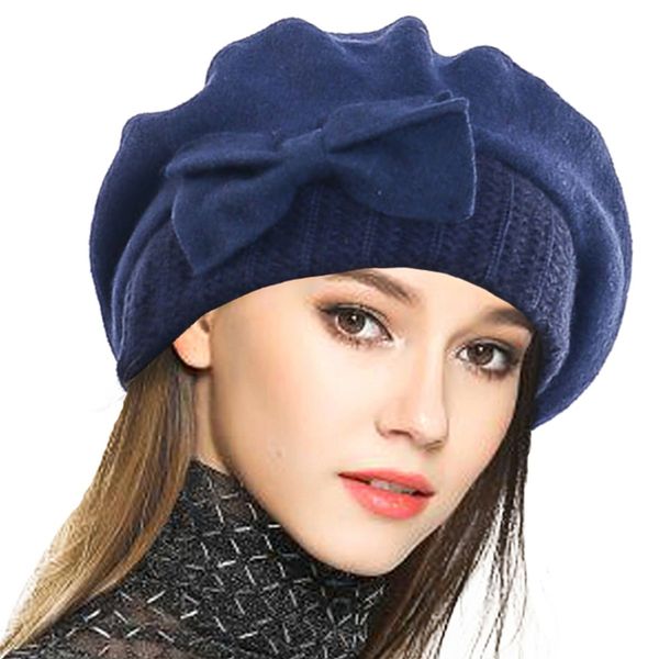 VECRY Lady French Beret 100% Wool Beret Dress Beanie Winter Hat (Navy)