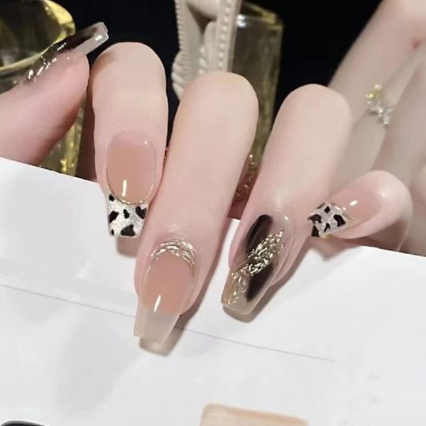 AAGWW Nail Tips, Berry Short, False Nails, Long, Coming-of-Age Ceremony, Mat, False Nails, Cute, Beautiful Shell Supplies, Workshop, Glue Design (Color: Silver Flash Leopard Print, Product Contents: 24 Nail Art + Glue)