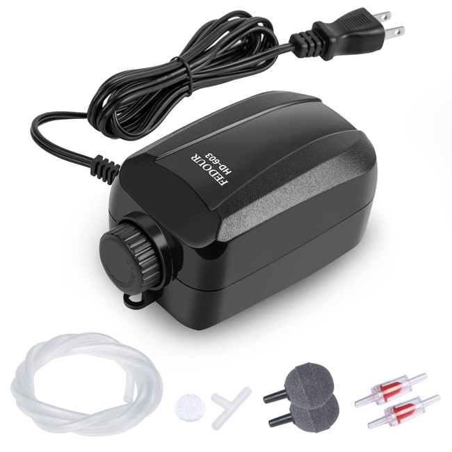 FEDOUR Quiet Aquarium Air Pump with 2 Outlets, 4W Adjustable, Oxygen Supply for Aquarium, Air Pump with Accessories (Black)