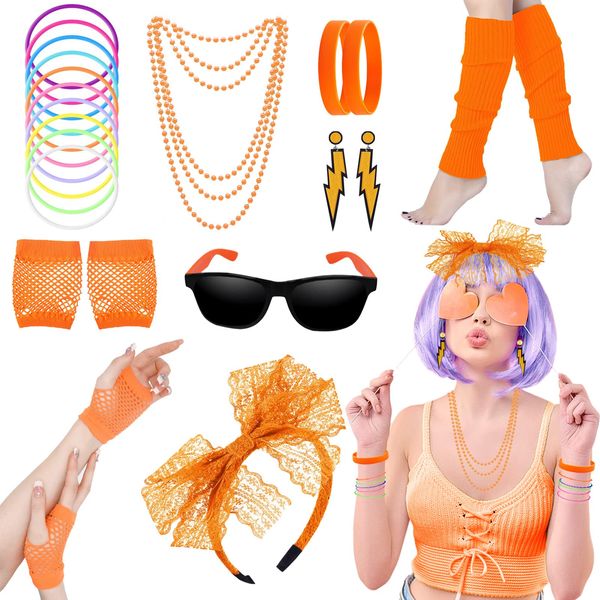 80s Fancy Dress Costumes Accessories, 1980s Fancy Style Dresses Party Sets & Kits for Women, Neon Leg Warmers Necklaces Bracelet Fishnet Gloves Lace Bow Headband Earrings Sunglasses-Orange