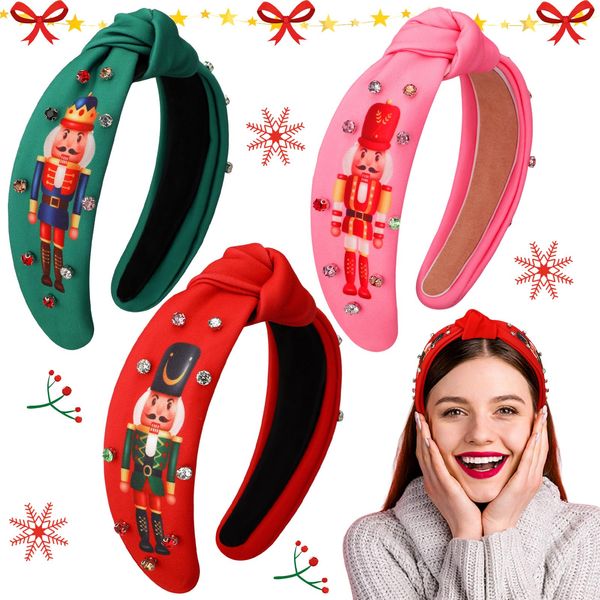 Christmas Headband Christmas Nutcracker Knotted Headbands Rhinestone Jeweled Headband for Women Nutcracker Crystal Headband Embellished Wide Top Knot Headband for Xmas Hair Accessories