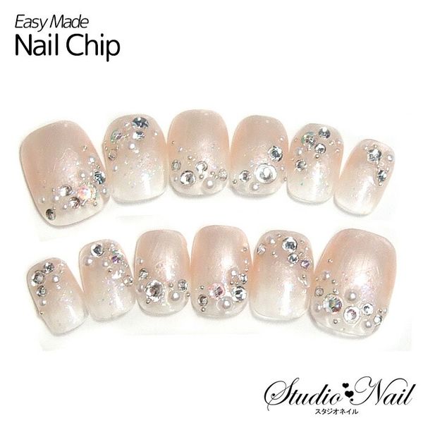 Nail tips, short, pearly, pink, bijou, pearl, Swarovski, nail tips, 12 pieces, nails, nail tips, for fingernails, pink, short, short nails, small nails, gel, bijou, gorgeous gel [KS]