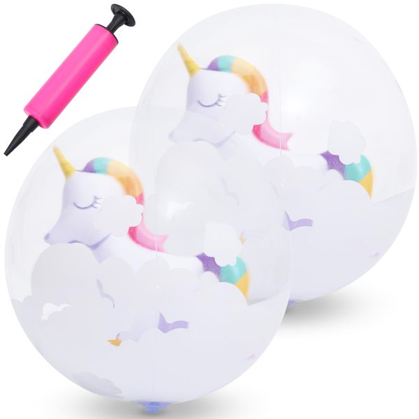 Botabee Beach Balls - Set of 2-12 inches Floating Beach Ball for Kids - Clear Inflatable Swim Balls with Unicorn Inside - Blow Up Swimming Pool Ball for Outdoor Water Party Games - Fun Summer Toys