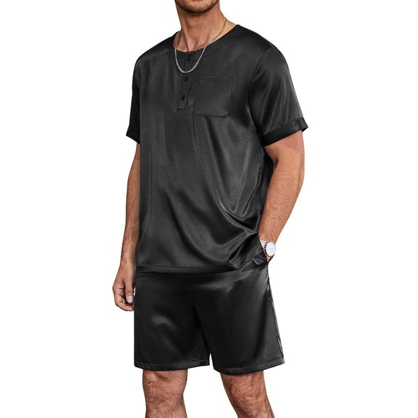 Ekouaer Silky Satin Pajamas Set Mens Short Sleeve Tops and Shorts Pj Sets Loungewear Button Sleepwear Black