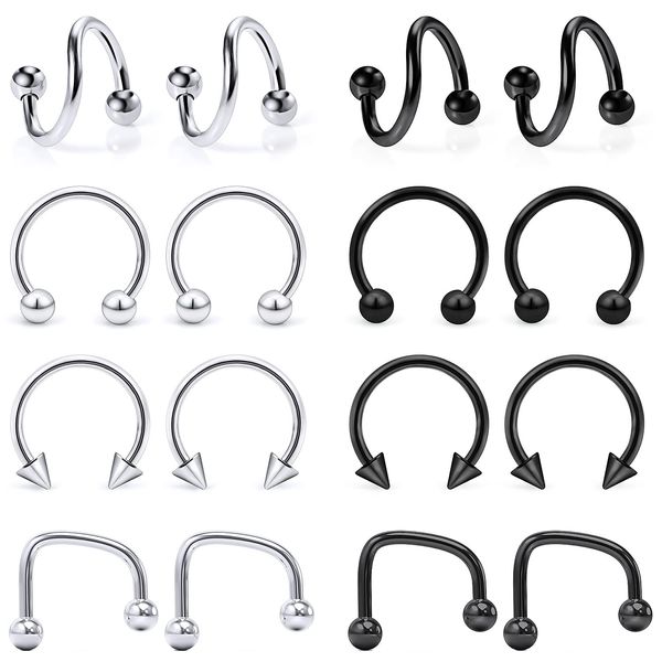 Hoeudjo 16g Lip Rings Stainless Steel Snake Bite Piercing Jewelry Labret Jewelry Medusa Piercing Jewelry Spiral Barbell Helix Tragus Earrings Hoop Horseshoe Septum Ring Cartilage Piercings 10mm