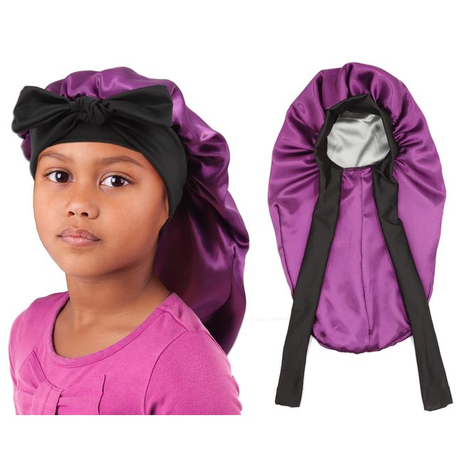 brcok Kids Braid Long Bonnet Girls Satin Bonnet Sleeping Cap Double Layer with tie Band Silk Hair Bonnet for Toddler Child (Kids Long Purple)