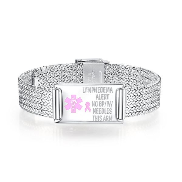 mnmoom Medical Alert Bracelets for Women Adjustable Stainless Steel Mesh lymphedema alert Bracelets with engraved NO BP/IV/NEEDLES THIS ARM-silver