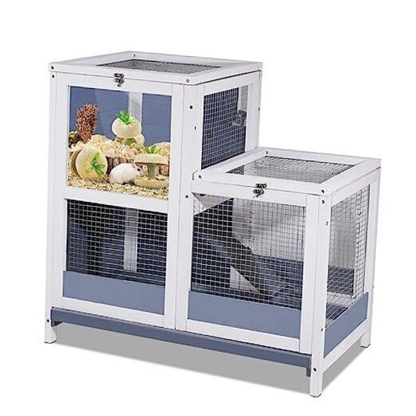 2-Story Guinea Pig Cages Wooden Indoor Rabbit Hutch Hamster Cage with Openable