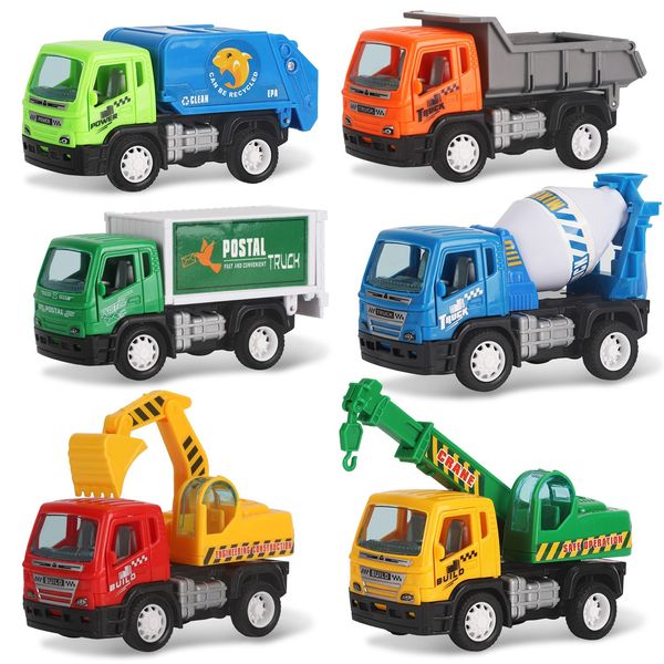 Liberty Imports 6 Pack Pullback City Builder Toy Construction Play Vehicles for Kids - Dump Truck, Cement Mixer, Garbage Truck, Excavator, Crane, Postal Truck