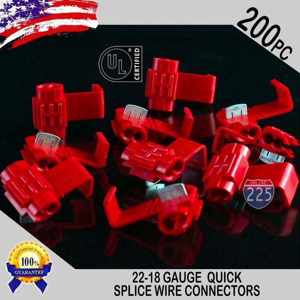 200 Pack 22-18 Gauge Red Quick Splice Tap Wire Connectors Install Terminals UL