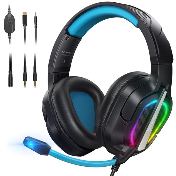 Krysenix PG2 RGB Gaming Headset for PS4/PC/Xbox, PS5 Headset with Mic, Gaming Headphones with Microphone, Ergonomic Design Over Ear with 3.5mm Jack Black/Blue