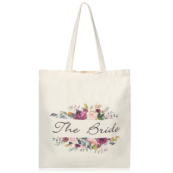 TRIXES “The Bride” Floral Print Wedding Canvas Tote Bag – Hen Party Bridal Shower Essentials – 100% Cotton – 40 cm x 45 cm