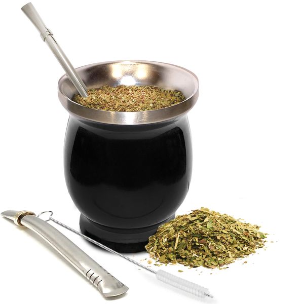 Norte UPGRADED Yerba Mate Natural Gourd/Tea Cup Set (Original Traditional Mate Cup - 8 Ounces) | Includes 2 Bombillas (Yerba Mate Straws to Use) & Cleaning Brush | Stainless Steel | Double-Walled