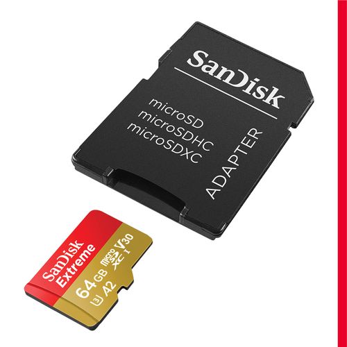 SanDisk Extreme MicroSDXC UHS-I Geheugenkaart 64 GB Met SD Adapter (1 Jaar RescuePRO Deluxe, Leessnelheden Tot 170 MB/s, A2, C10, V30, U3, 30 Jaar Warranty) Rood/Goud