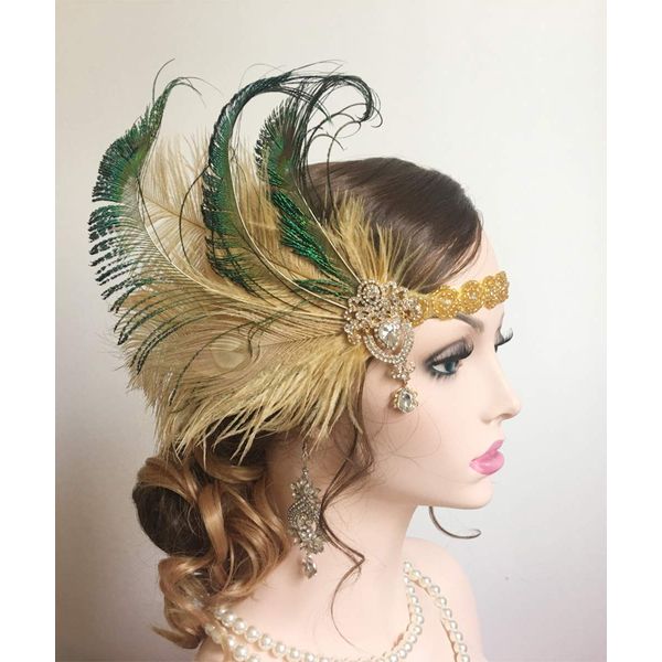 Teyglen Flapper Headband 1920s Headpiece Vintage Great Gatsby Peacock Feather Headband with Rhinestone Roaring 20s Headpiece Hair Accessories for Women